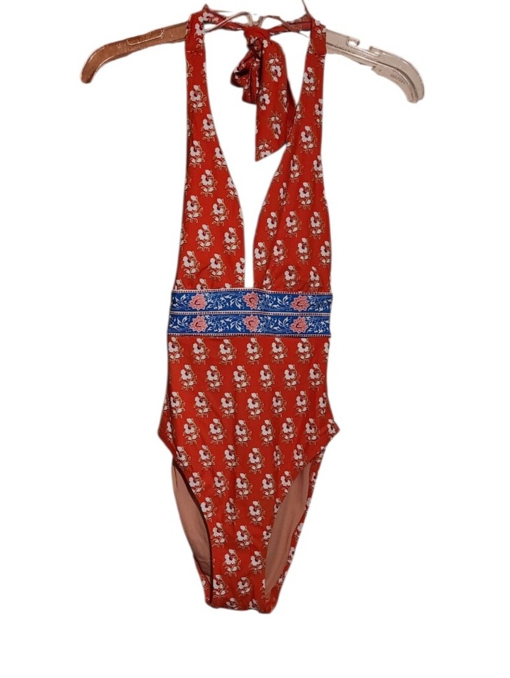 J. Crew Plunge Halter One-Piece Red Floral Classic Block Print